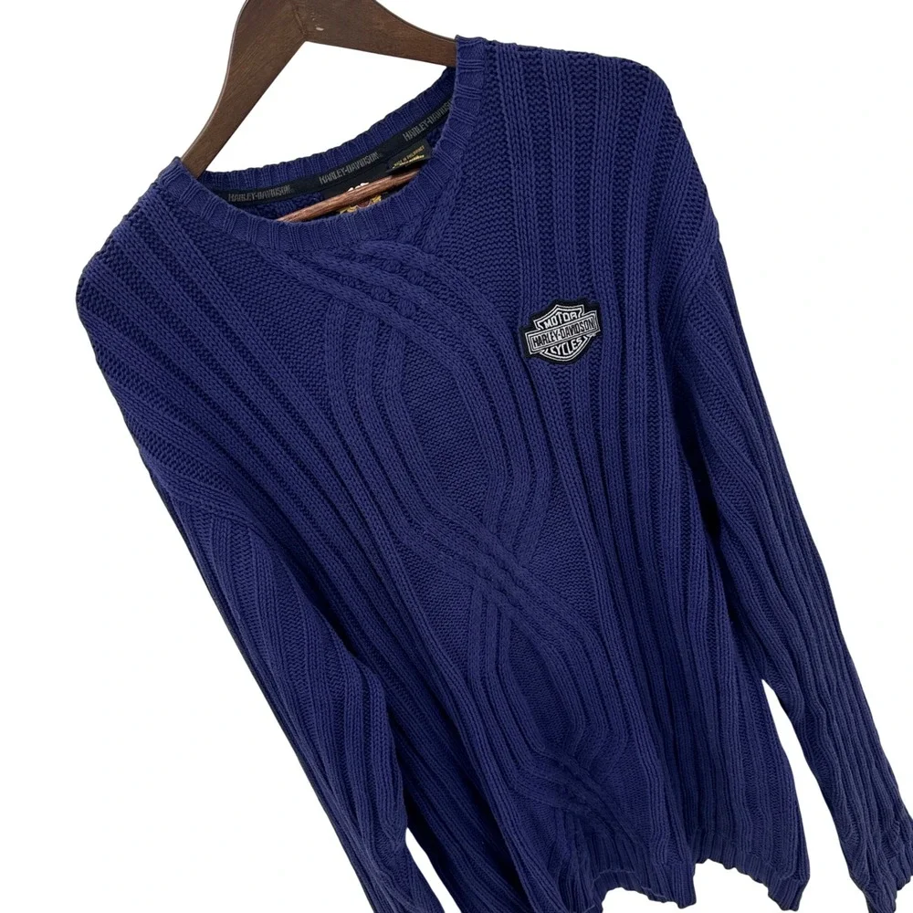 Harley-Davidson Mens XXL Navy Cable Knit‎ Cotton Crew Neck Sweater Logo Patch